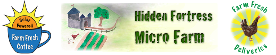 Here is the logo for the Hidden Fortress Micro Farm. It is a painting of a fairy tale-like farm with chickens in front, and the name of the farm in large, stylized text.