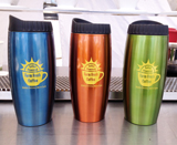 Stainless steel travel mug with solar powered logo